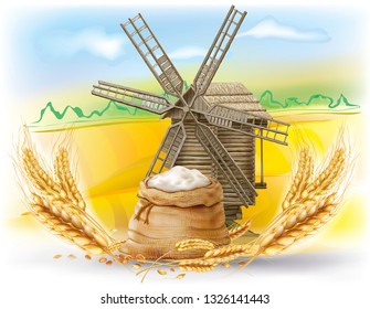 A burlap bag of flour, cereal spikes and a wooden mill on a rural field background. Vector mesh and curves label agriculture product