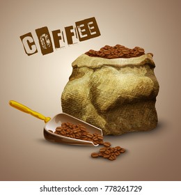 Burlap bag with roasted aromatic coffee beans poster vector illustration