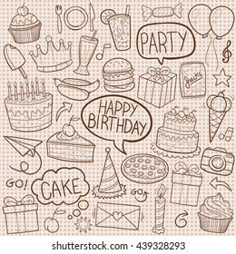 Burlap Birthday Party Doodle Icons Hand Made vector Illustration sketch.