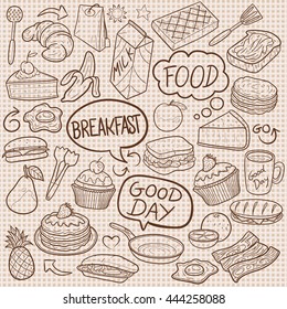 Burlap Brekfast Food Sweets Happy Day Doodle Icon Hand Made vector Illustration sketch.