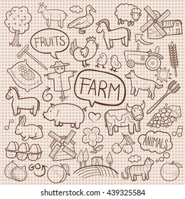 Burlap Farm Day Animals Doodle Icons Hand Made vector Illustration sketch.