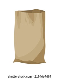Burlap farmer bag for flour, rice or salt. Farm production in brown textile bale, opened with product inside. Cartoon vector icon isolated on white background