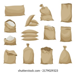 Burlap farmer bag set with flour, rice or salt. Farm production in brown textile bales, closed and open sacks with white product inside. Cartoon vector icons isolated on white background