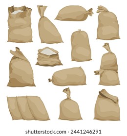 Burlap farmer bag set with flour, rice or salt. Agricultural product. Farm production in brown textile bales, closed and open sacks with white product inside. Cartoon vector icons