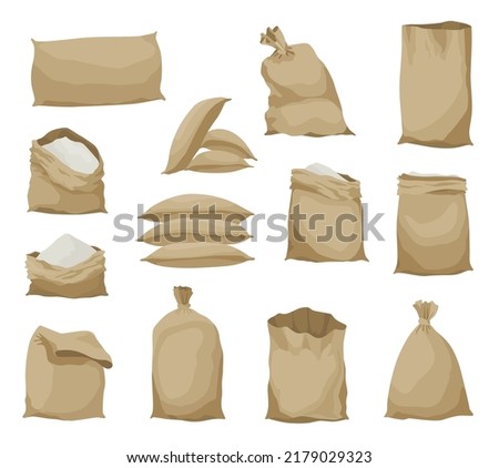 Burlap farmer bag set with flour, rice or salt. Farm production in brown textile bales, closed and open sacks with white product inside. Cartoon vector icons isolated on white background