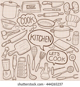 Burlap Kitchen Cook Doodle Icons Hand Made vector Illustration sketch.