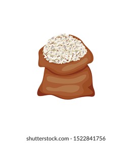 The burlap open sack or fabric bag of rice cereal vector illustration isolated on white background. Element for promo poster and rice or other food products package.