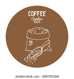 Burlap pouch with coffee beans isolated on white background. Design elements for coffee shop or cafe. Vector illustration.