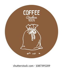 Burlap pouch with coffee beans isolated on white background. Design elements for coffee shop or cafe. Vector illustration.