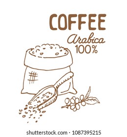 Burlap pouch with coffee beans isolated on white background. Design elements for coffee shop or cafe. Vector illustration.