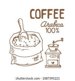 Burlap pouch with coffee beans isolated on white background. Design elements for coffee shop or cafe. Vector illustration.