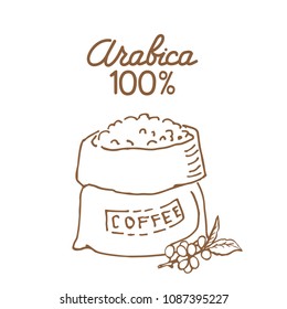 Burlap pouch with coffee beans isolated on white background. Design elements for coffee shop or cafe. Vector illustration.