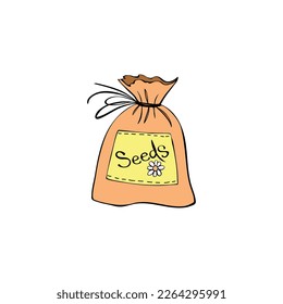 Burlap sack bag of seeds cute cartoon color illustration, clip art in doodle flat style. Gardening farming agriculture