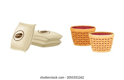 Burlap Sack And Basket Of Coffee Beans. Coffee Industry Production Vector Illustration