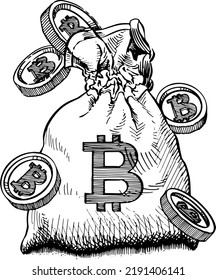 Burlap sack with bitcoin symbols around. Concept of cryptocurrency, earning, saving, financial economy. Black and white vector illustration on white background.