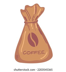 Saupoudrer le sac de café. Équipements ménagers et agricoles. Ouvre un sac héréditaire pour les grains de café. Ingrédient alimentaire. Produit naturel. Arrière-plan blanc isolé.
