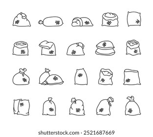 Saco de arpillera con diferentes rellenos. Página para colorear. Bolsa textil para alimentos. Estilo dibujado a mano. Dibujo de Vector. Colección de Elementos de diseño.