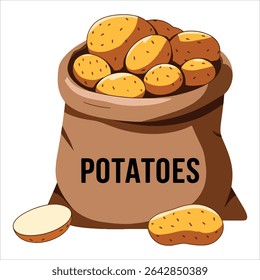 Burlap sack filled with raw potatoes vector illustration. Rustic farm produce artwork ideal for agricultural packaging and organic food market designs.