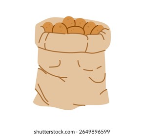 Saco de Burlap recheado com batatas maduras e frescas, representando produtos agrícolas, armazenamento de alimentos agrícolas. Cartoon saco de vetor plano com colheita de jardim, rústico natural e produção agrícola saudável