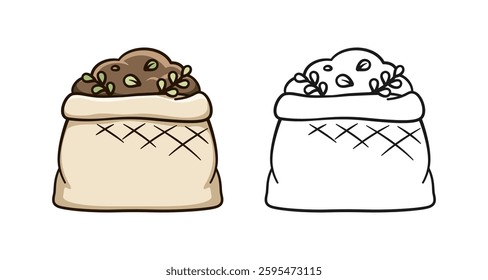 Burlap sack full of dirt and soil cute cartoon outline line art illustration. Gardening farming agriculture coloring book page activity worksheet for kids.