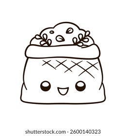 Burlap sack full of dirt and soil cute kawaii cartoon outline line art illustration. Gardening farming agriculture coloring book page activity worksheet for kids.