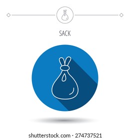 Burlap sack icon. Textile bag sign symbol. Blue flat circle button. Linear icon with shadow. Vector