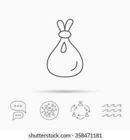 Burlap sack icon. Textile bag sign symbol. Global connect network, ocean wave and chat dialog icons. Teamwork symbol.