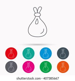 Burlap sack icon. Textile bag sign symbol. Linear icons in circles on white background.