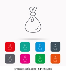 Burlap sack icon. Textile bag sign symbol. Linear icons in squares on white background. Flat web symbols. Vector