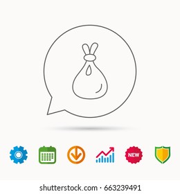 Burlap sack icon. Textile bag sign symbol. Calendar, Graph chart and Cogwheel signs. Download and Shield web icons. Vector