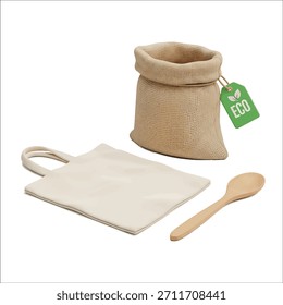 A burlap sack with an open top, a reusable tote bag, and a wooden spoon are arranged on a white background with an eco tag.