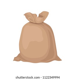 Burlap sack tied with rope. Big brown bag with grain or flour. Flat vector element for promo poster or banner of farm products
