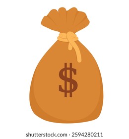 Burlap sack tied with rope full of gold coins isolated on white background. Bag full of dollars. Vector