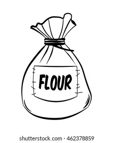 Burlap sack of wholemeal bread flour with wooden scoop on white background. 