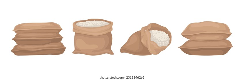 Burlap Sacks with Rice or Bulk Stock Vector Set