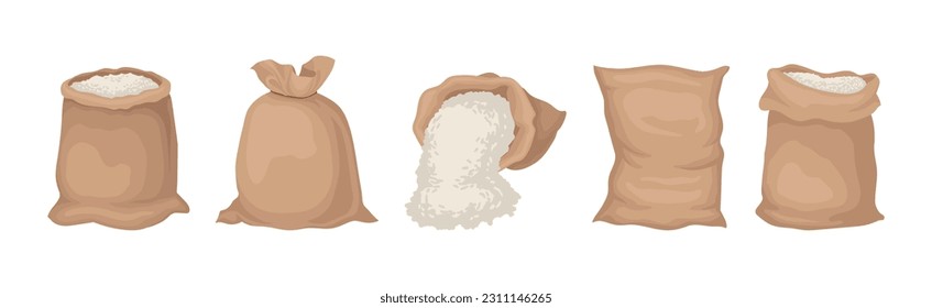 Burlap Sacks with Rice or Bulk Stock Vector Set