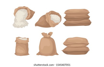 Burlap Sacks With Rice or Flour Vector Set