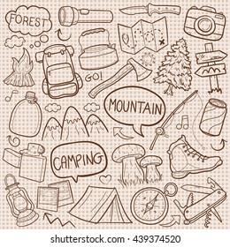 Burlap Texture Old Mountain Nature Day Camping Doodle Icons Hand Made vector Illustration sketch.