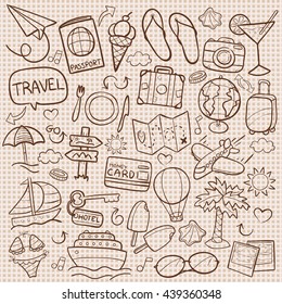 Burlap Texture Print Travel Doodle Icons Hand Made vector Illustration sketch.