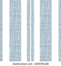 Burlap textured stripe vector seamless pattern background. Vertical wide narrow stripes with coarse linen weave. Delft blue and white elegant design. Country cottage farmhouse style duotone repeat