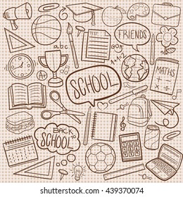 Burlap Vintage Texture School Day Doodle Icons Hand Made vector Illustration sketch.