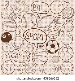 Burlap Vintage Texture Sport Balls Doodle Icons Hand Made vector Illustration sketch.