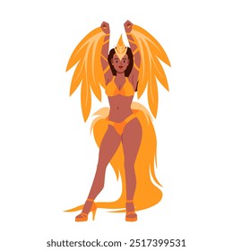 Burlesque dance of girl at Brazilian carnival party. Female ballet dancer holding golden wings from costume with tail and feathers and dancing, glamour woman on high heels cartoon vector illustration