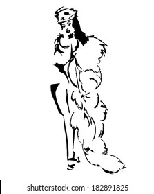 Burlesque Dancer with Fur and Feathers Black and White Vector