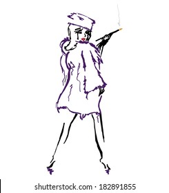 Burlesque Dancer with Fur and Feathers Full Colour Vector