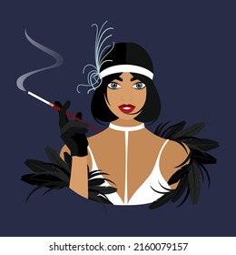 Burlesque. An Elegant Woman In A White Dress And A Black Feather Boa Holds A Mouthpiece In Her Hand. Classic 1930s Chicago Women's Wardrobe. Historical Costume. Flat Vector Illustration.