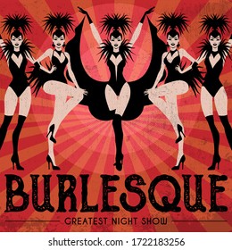 Burlesque Show Poster Invitation. Vector Illustration In Vintage Art Deco Style Of Dancing Cabaret Girls.