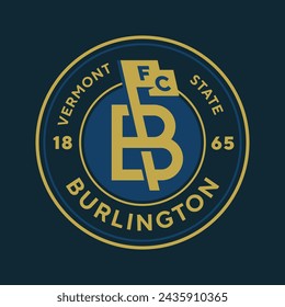 Burlington football club, Vermont, USA. Soccer club emblem. Football badge shield logo, soccer ball team game club elements.