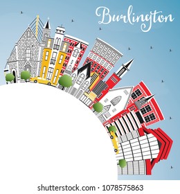 Skyline da cidade de Burlington Iowa com edifícios coloridos, céu azul e espaço de cópia. Ilustração de vetor. Ilustração de viagens e turismo com arquitetura histórica. Paisagem urbana de Burlington com pontos de referência