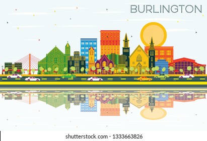 Burlington Iowa Skyline with Color Buildings, Blue Sky and Reflections. Vector Illustration. Business Travel and Tourism Illustration with Historic Architecture. 